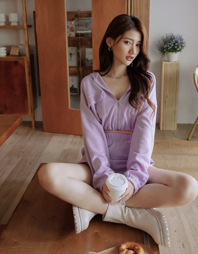Waffle Hooded Zipped Set Wear