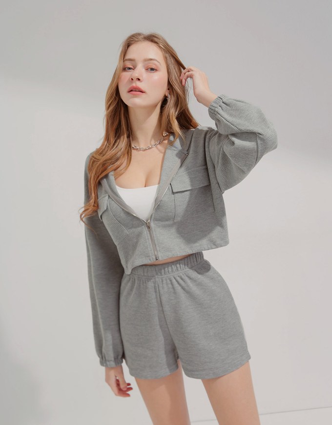 Waffle Hooded Zipped Set Wear