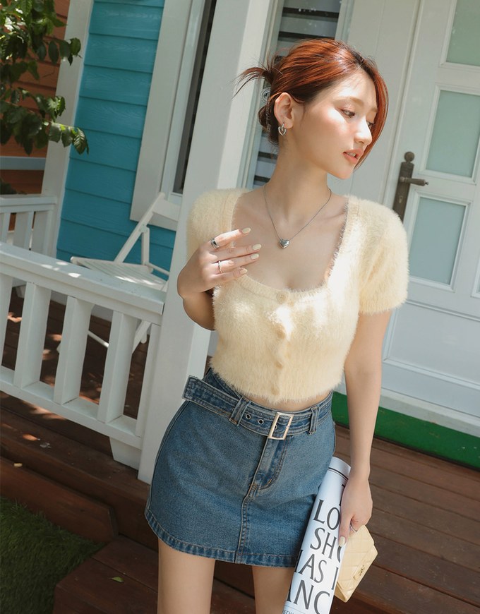 Soft Plush Button Short Sleeved Top
