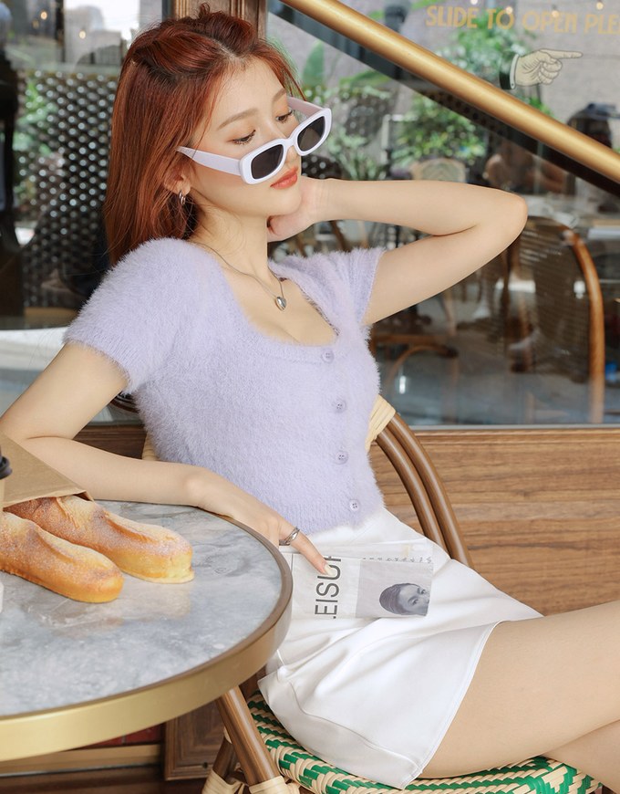 Soft Plush Button Short Sleeved Top