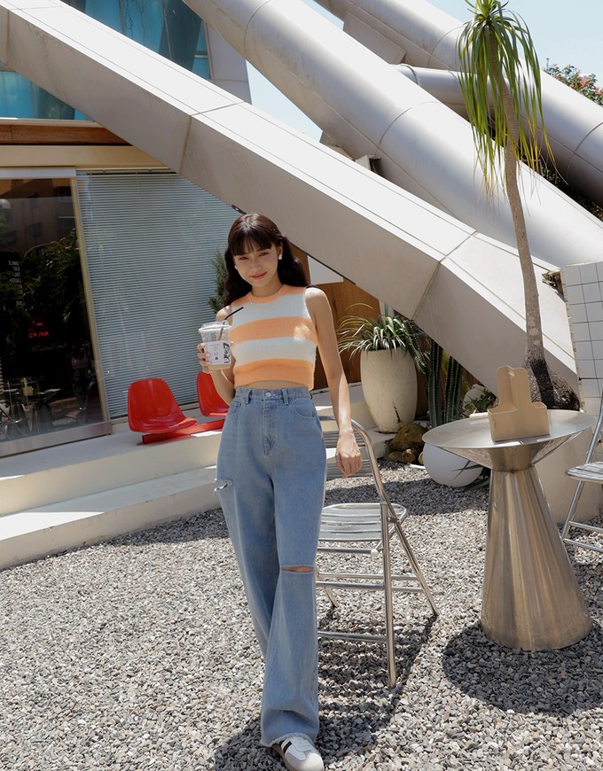 Sexy Side Cut Denim Jeans Wide Pants