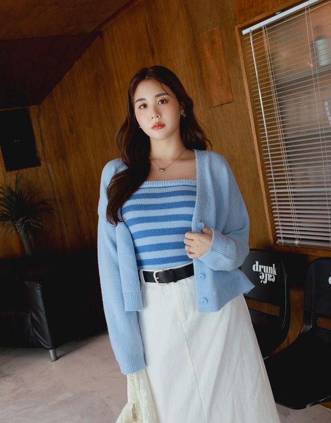 Set Wear With Knit Tube Top & Cardigan