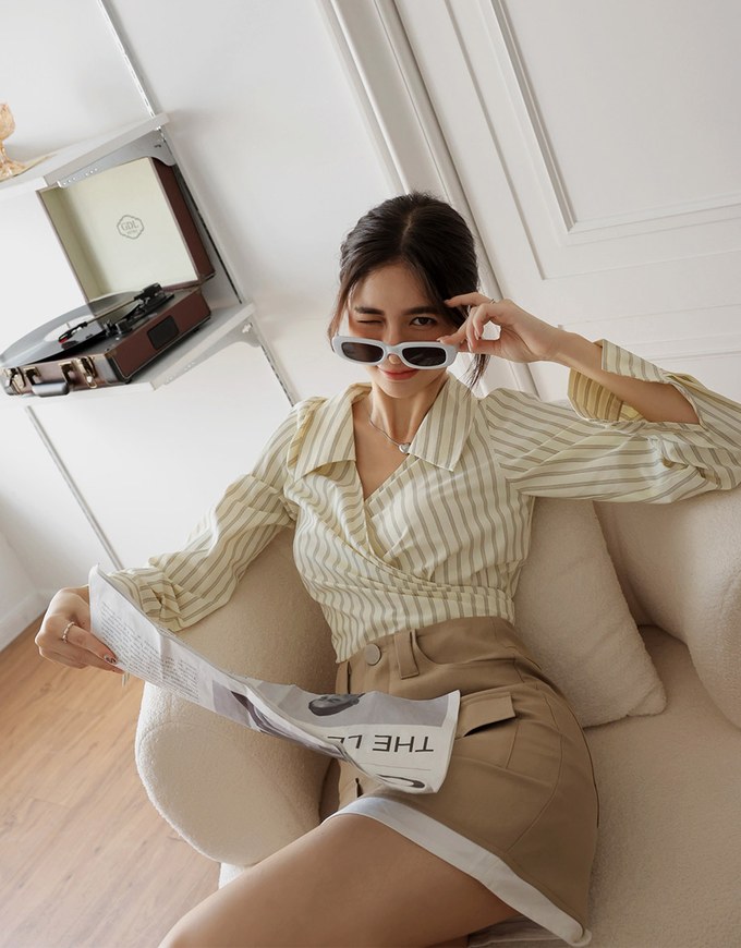 Striped Lapel Straped Long Sleeve Blouse Shirt