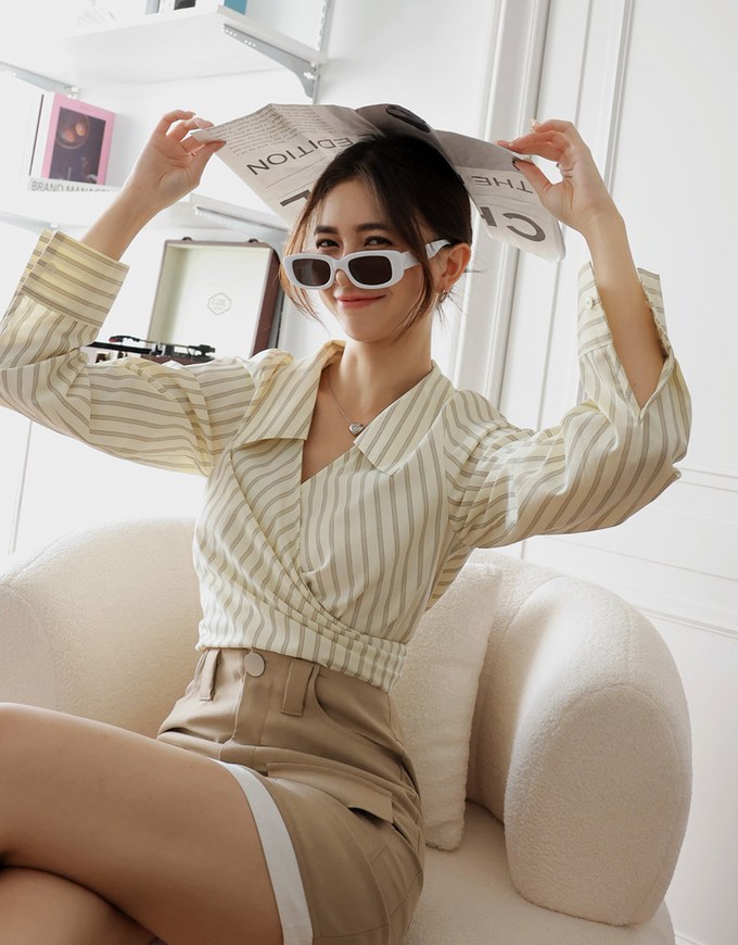 Striped Lapel Straped Long Sleeve Blouse Shirt