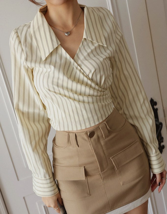 Striped Lapel Straped Long Sleeve Blouse Shirt