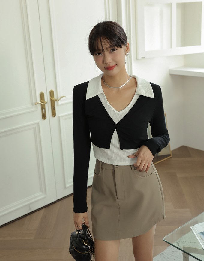 Smart Lapel Slit Long Sleeve Top