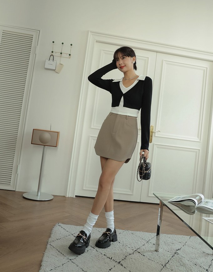 Smart Lapel Slit Long Sleeve Top