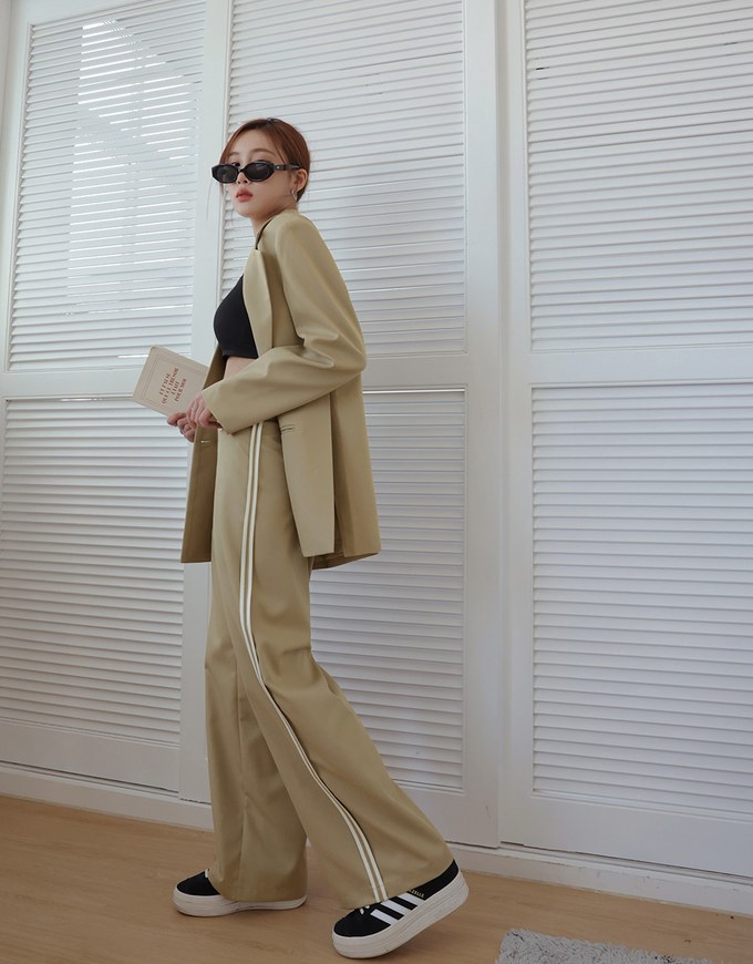 Double Line Slim Fit Suit Wide Pants