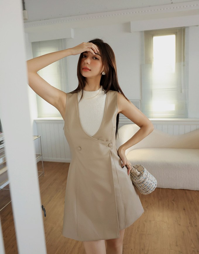 Buttoned Vest Mini Faux Leather Dress