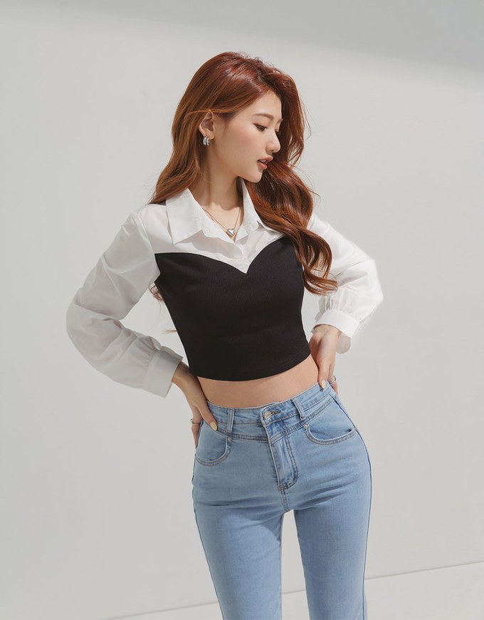 Lapel Collar Splice Long Sleeved Top