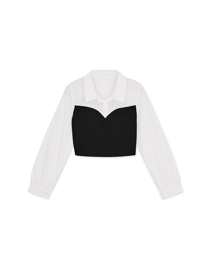 Lapel Collar Splice Long Sleeved Top