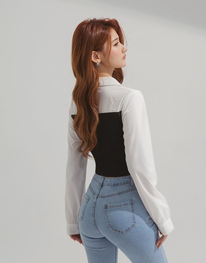 Lapel Collar Splice Long Sleeved Top