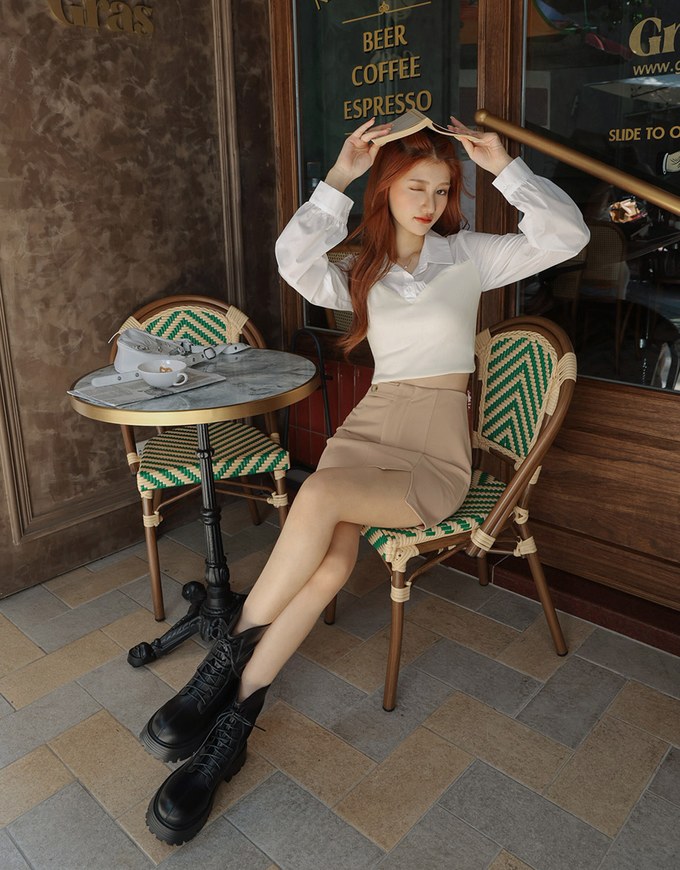 Lapel Collar Splice Long Sleeved Top