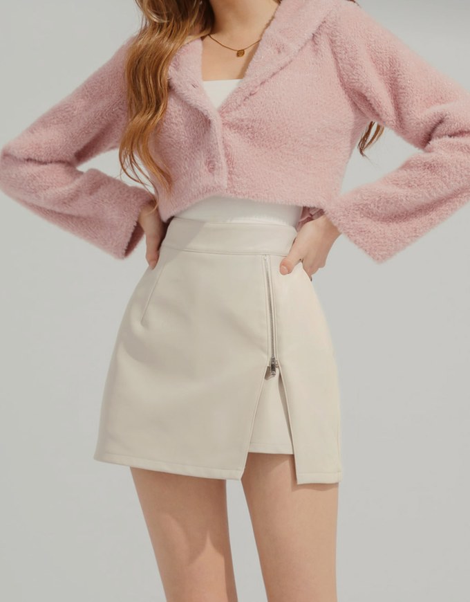 Casual Faux Leather Zipper Slit Mini Skirt