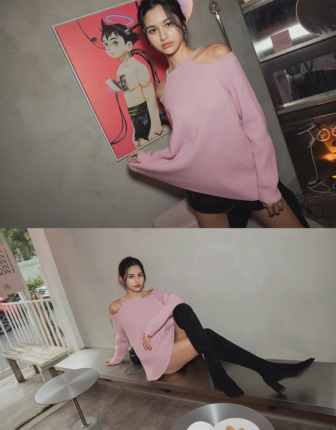Pearl Chain Off Shoulder Knitted Dress