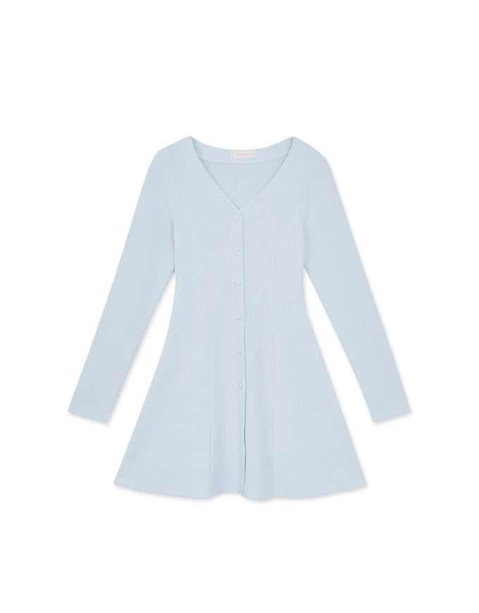 V-neck Button Down Fit and Flare Mini Knit Dress