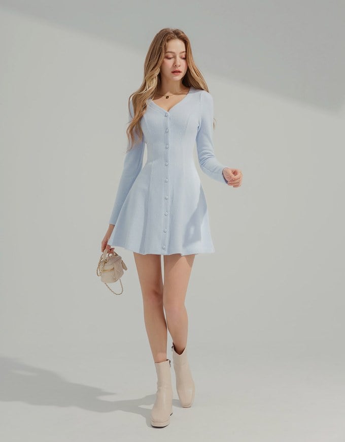 V-neck Button Down Fit and Flare Mini Knit Dress