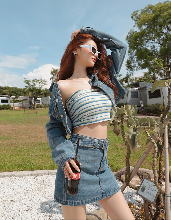 Sleek Denim Jeans Cropped Top Blazer Jacket