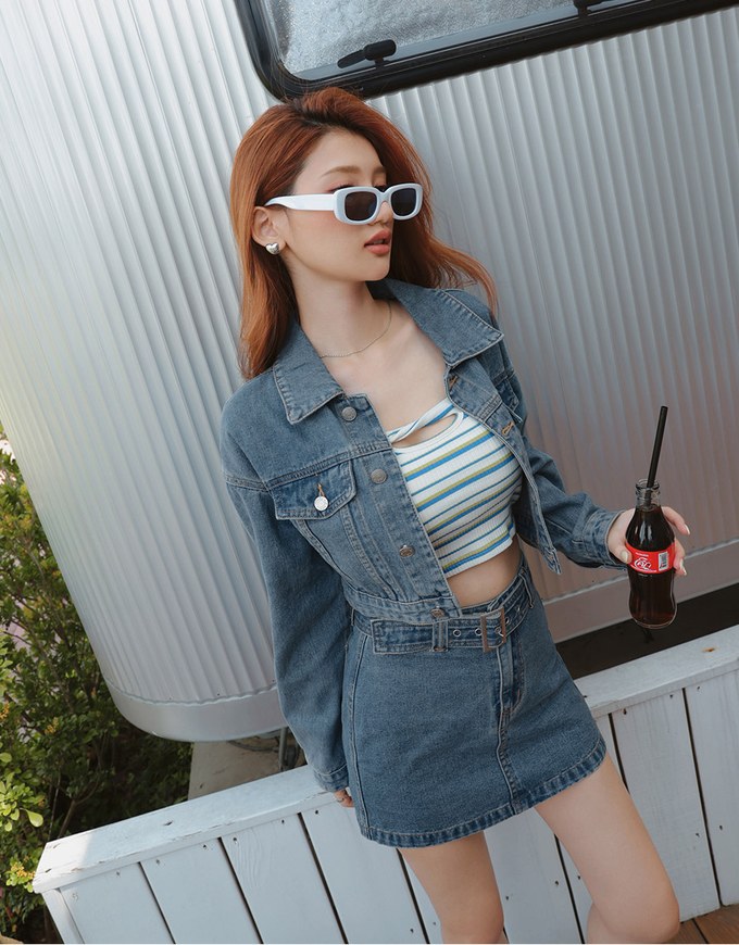 Sleek Denim Jeans Cropped Top Blazer Jacket