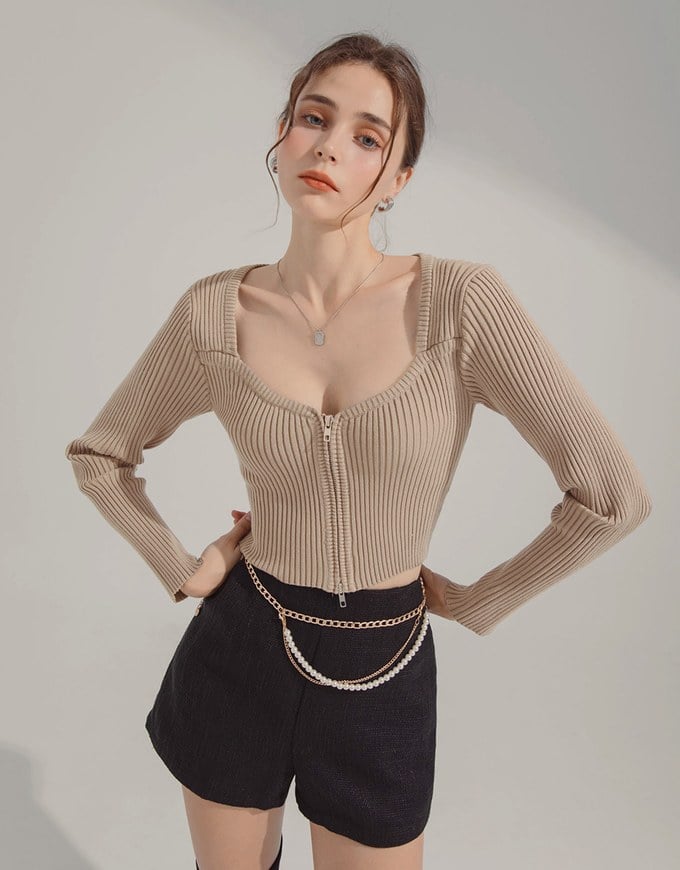 Double Zip Square Neck Knit Top