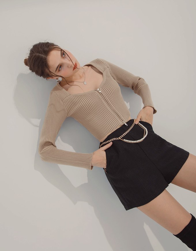 Double Zip Square Neck Knit Top