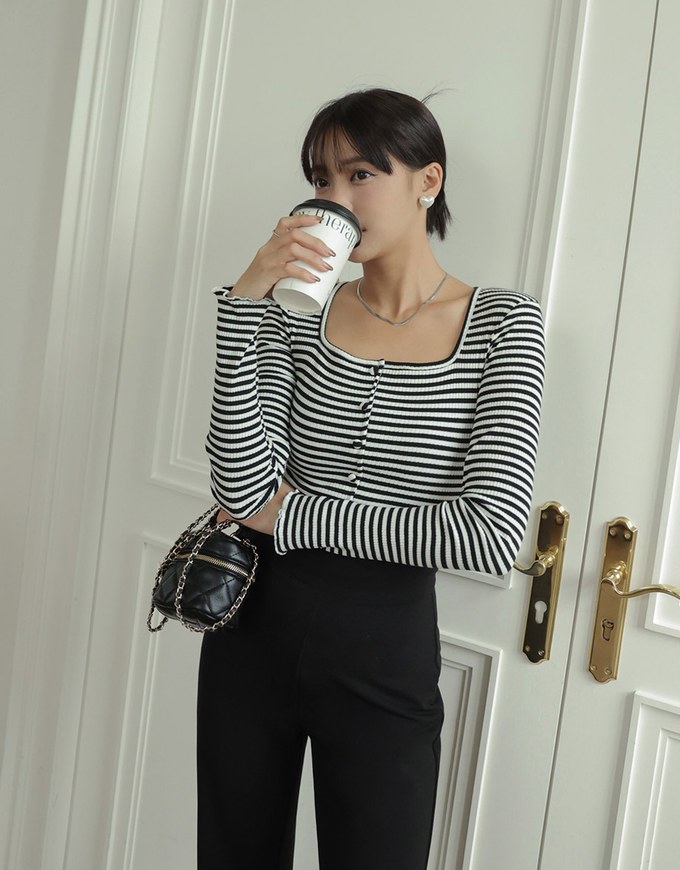 Striped Square Neck Top (With Shoulder Pads)