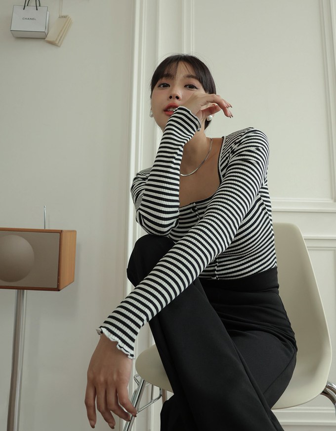 Striped Square Neck Top (With Shoulder Pads)