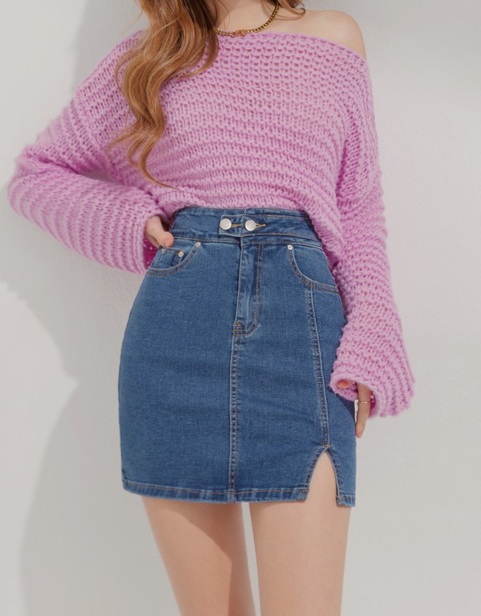 Side Double ButtonSlit Denim Jeans Skirt