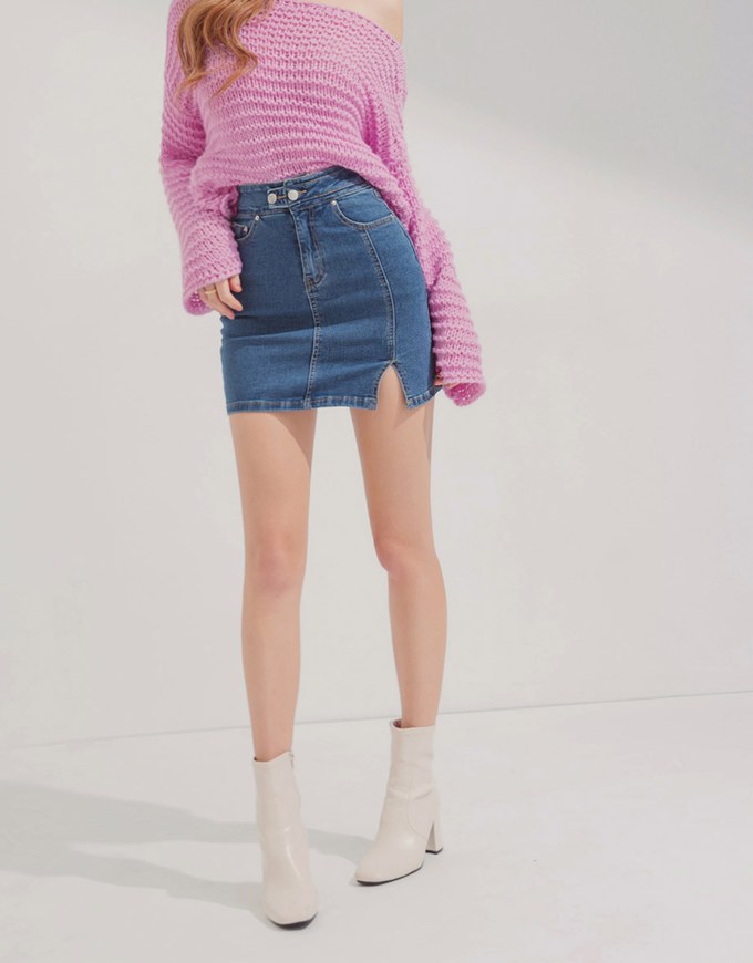 Side Double ButtonSlit Denim Jeans Skirt