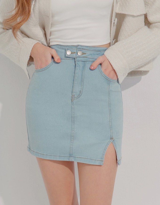 Side Double ButtonSlit Denim Jeans Skirt