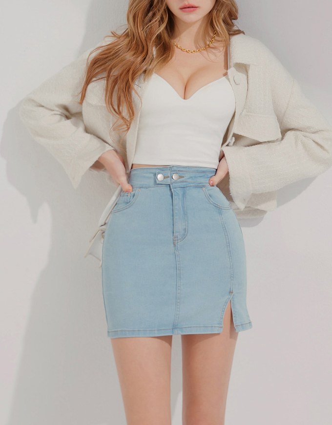 Side Double ButtonSlit Denim Jeans Skirt