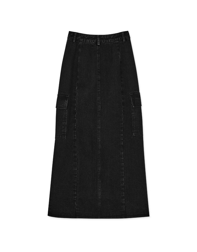 Cargo Style Front Slit Denim Jeans Maxi Skirt