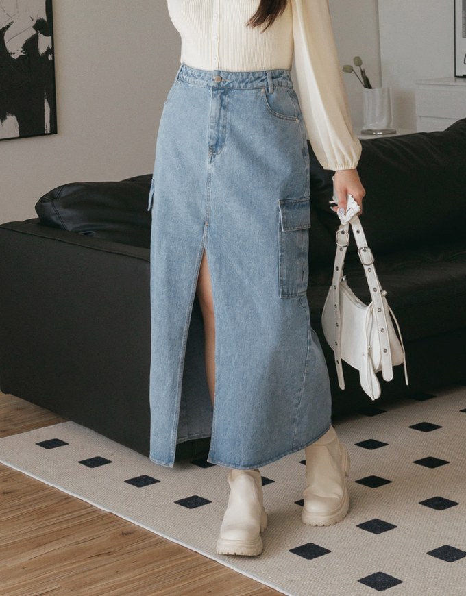Cargo Style Front Slit Denim Jeans Maxi Skirt