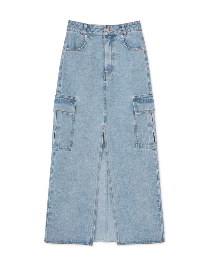 Cargo Style Front Slit Denim Jeans Maxi Skirt