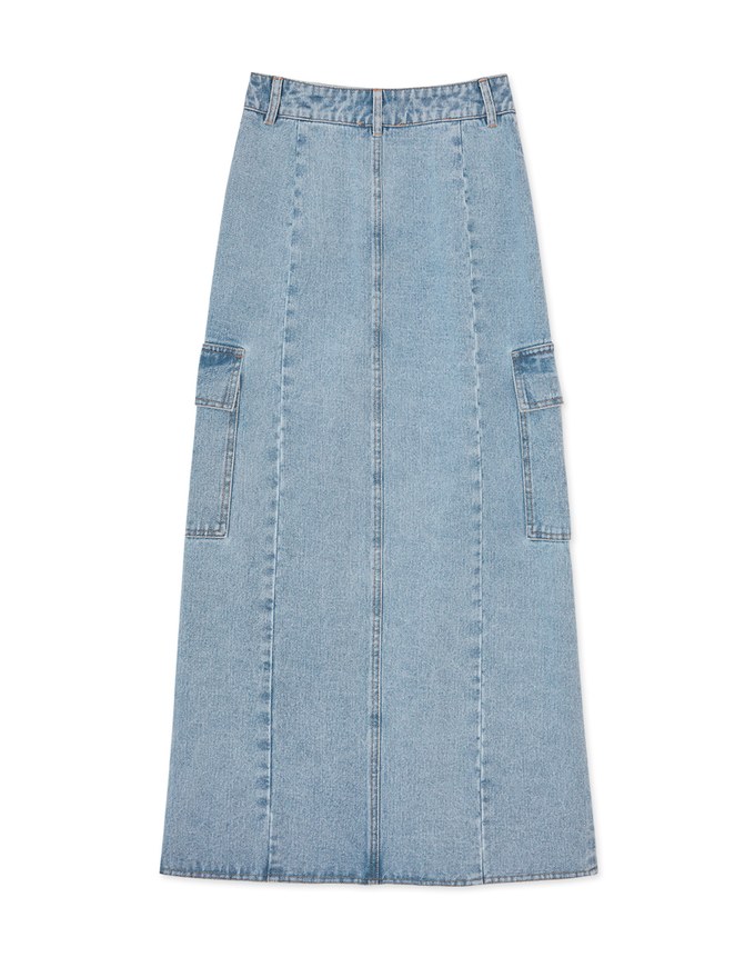 Cargo Style Front Slit Denim Jeans Maxi Skirt