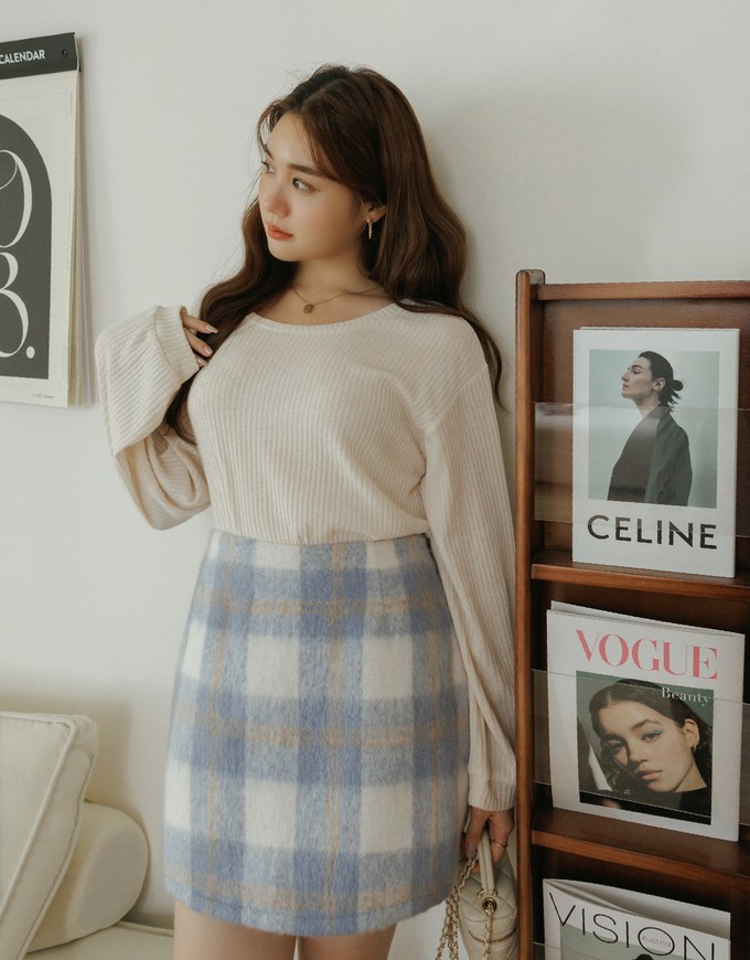 Plush Large Plaid Slit Skirt
