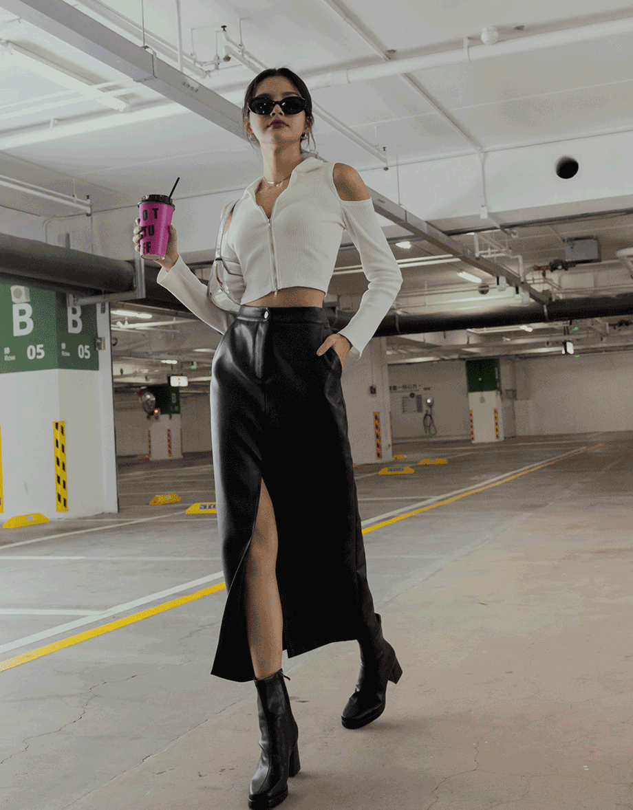 Front Slit Faux Leather Maxi Skirt