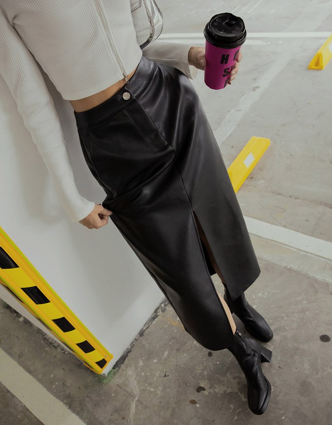 Front Slit Faux Leather Maxi Skirt