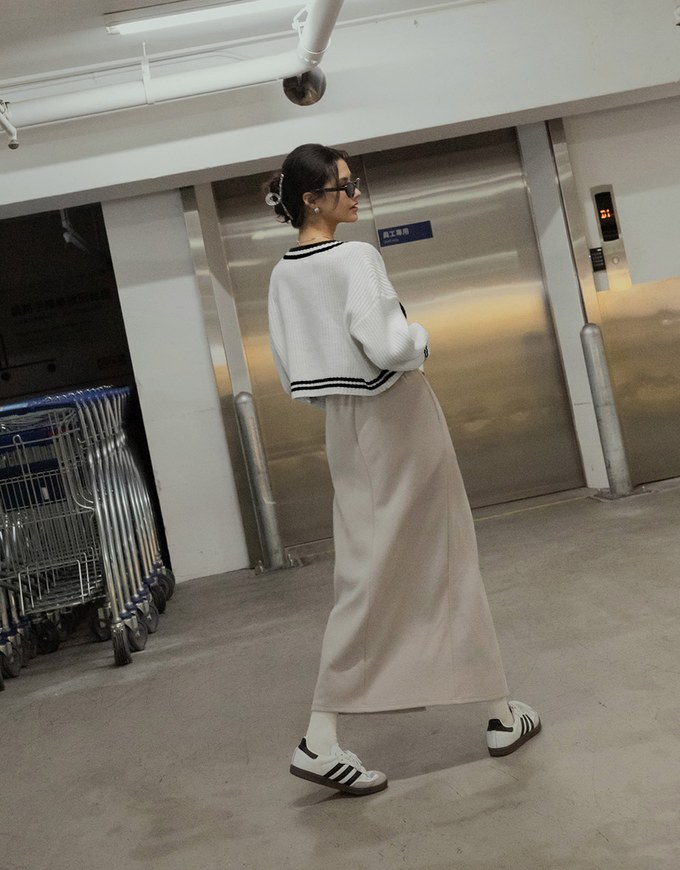 Cotton Drawstring Front Slit Maxi Skirt