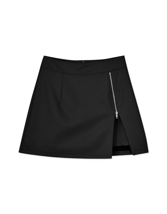 Faux Leather Zipper Slit Skirt