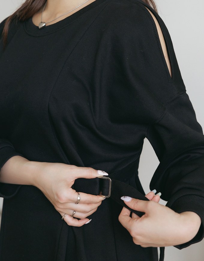 Hollow Shoulder Side Button Cottom Mini Dress