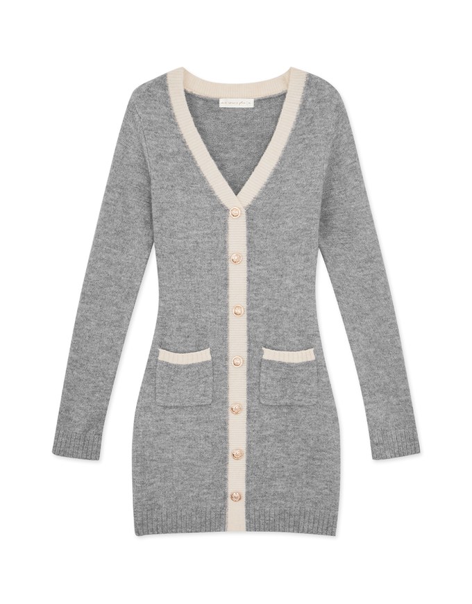 V-Neck Buttoned Knit Mini Dress