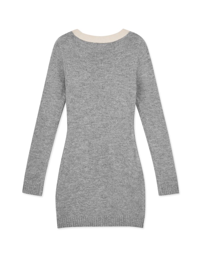 V-Neck Buttoned Knit Mini Dress