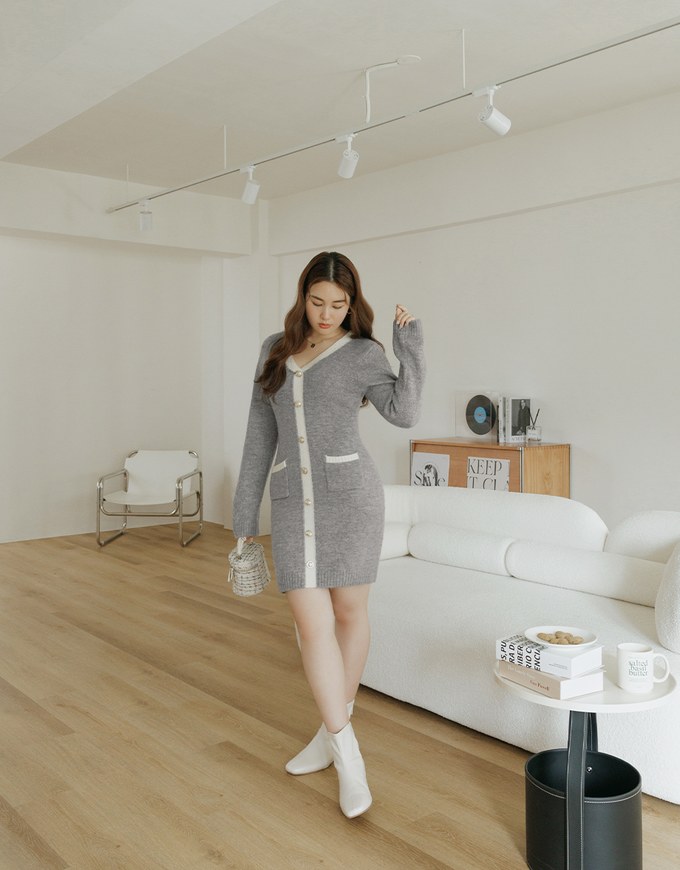 V-Neck Buttoned Knit Mini Dress
