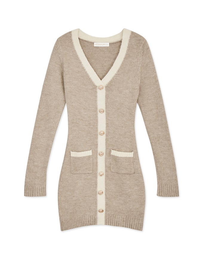 V-Neck Buttoned Knit Mini Dress