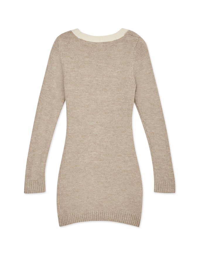 V-Neck Buttoned Knit Mini Dress