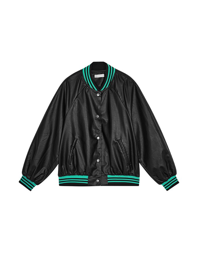 【SHIUAN'S DESIGN】Oversize Faux Leather Baseball Blazer Jacket