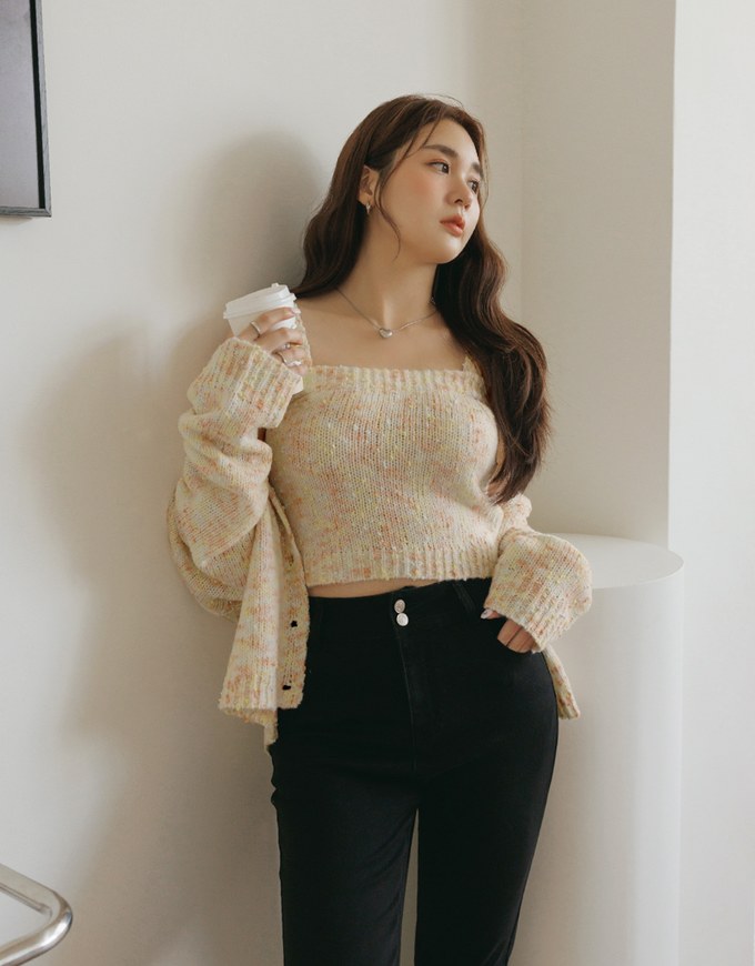 Mixed Color Fur Balls And Button Two-Piece Knit Top