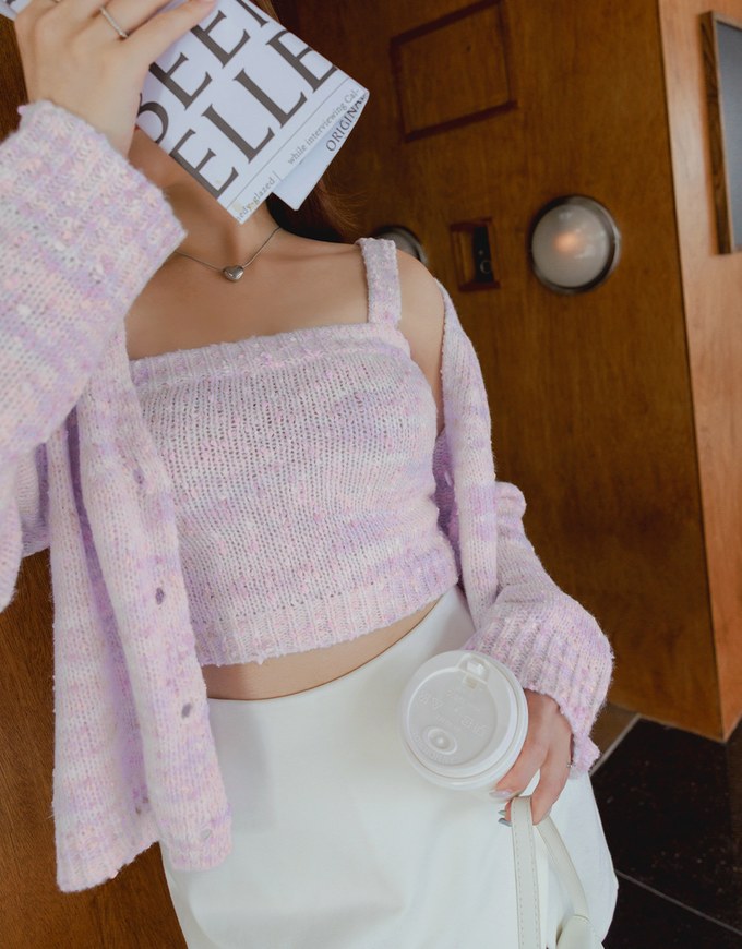 Mixed Color Fur Balls And Button Two-Piece Knit Top