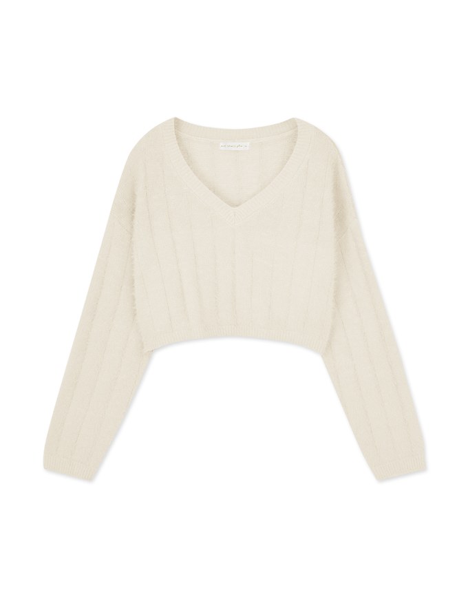 V Neck Fluffy Sweater Knit Top